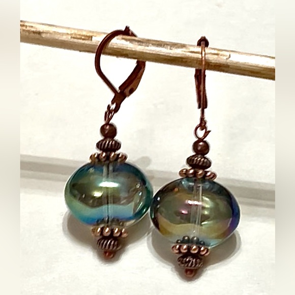Antique Copper and Iridescent Czech Glass Earrings - Picture 8 of 12